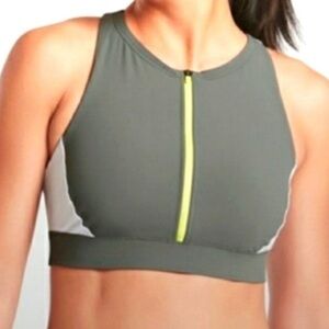 Athleta Gray and White Zip-Front Sports Bra